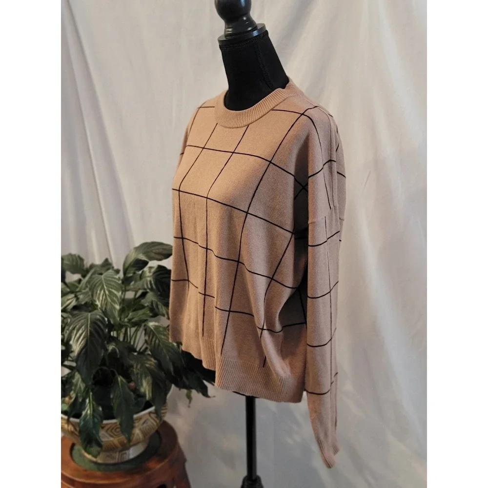 Tahari Womens Tan Black Windowpane Grid Crewneck Pullover Sweater Size Large - Picture 2 of 7